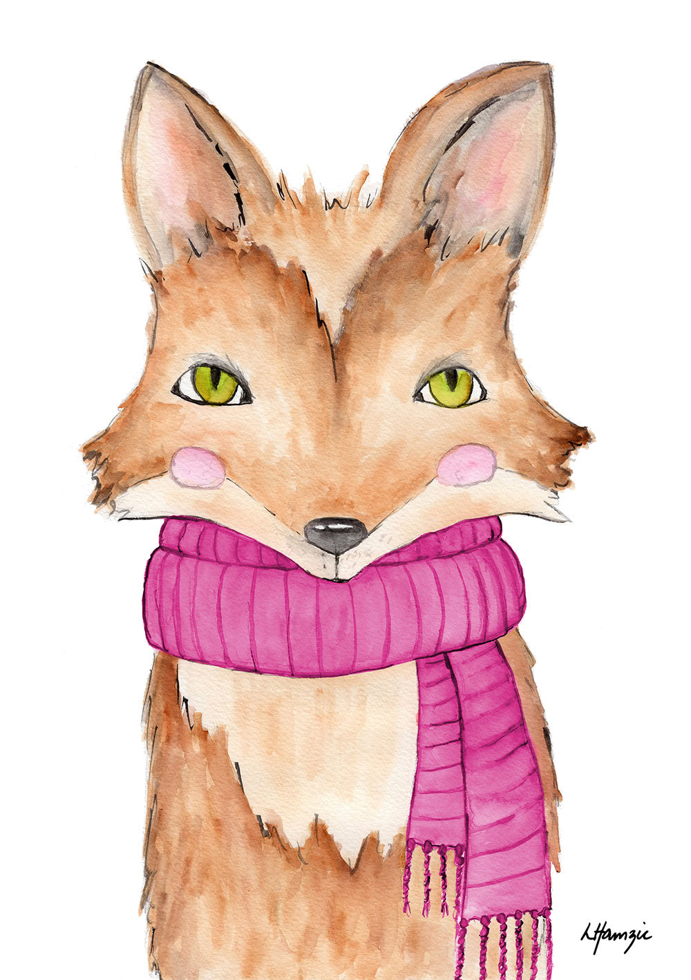 Whimsical Fox in pink scarf with green eyes captured in watercolour by Australian Artist Laura Hamzic