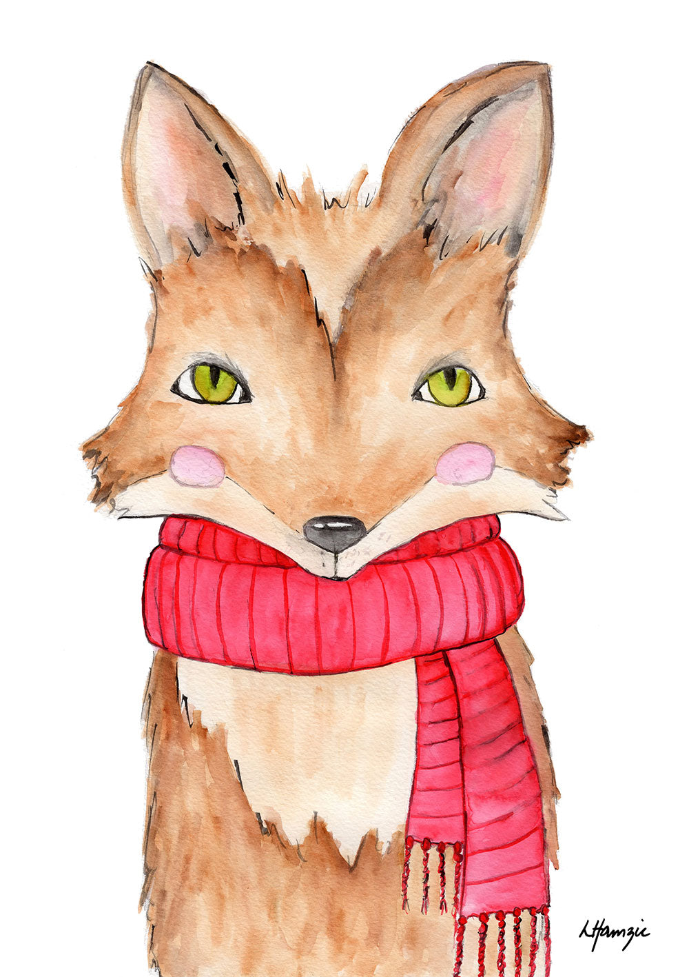 Fox in red scarf with green eyes captured in watercolour by Australian Artist Laura Hamzic