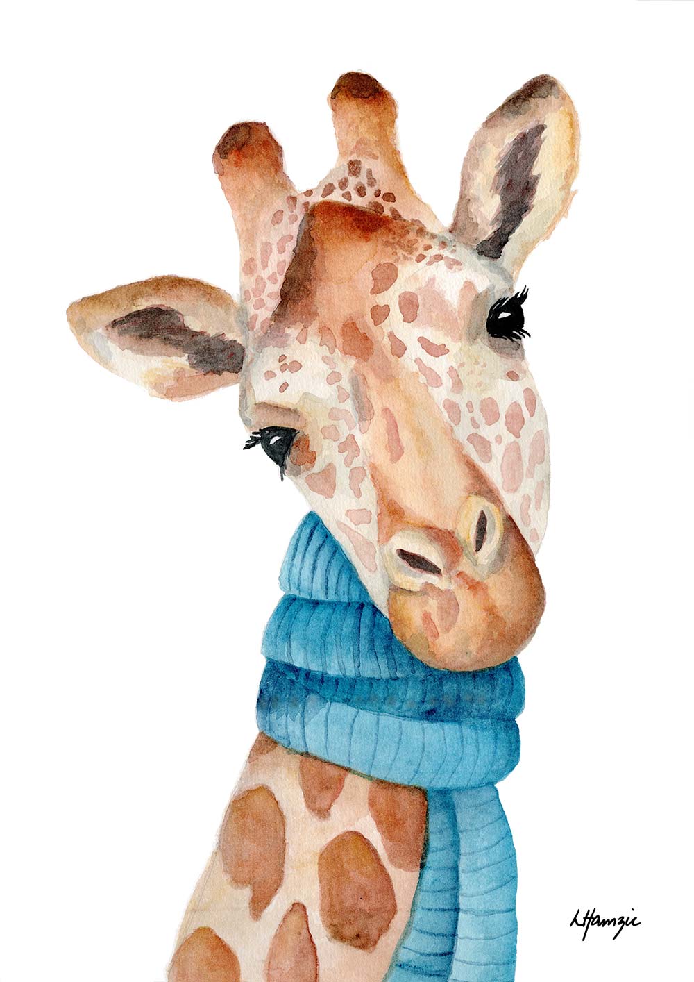 Whimsical fun watercolour painting of a Giraffe wearing a scarf - fun artwork for childs nursery - created by Laura Hamzic Australian Artist