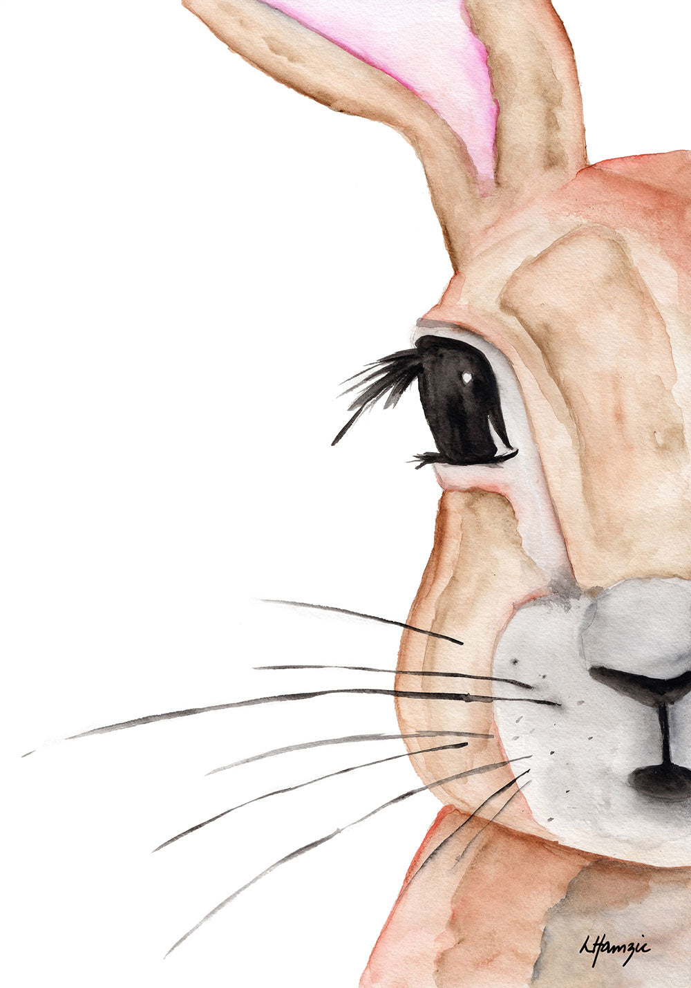 A soft delicate bunny, rabbit captured in watercolour by Australian Artist Laura Hamzic