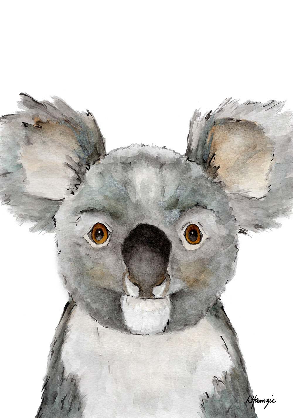 Watercolour art print of a koala hand-painted by Laura Hamzic.