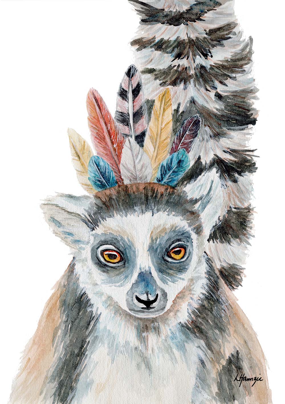 Whimsical Funky watercolour painting of a Lemur wearing a feather headress - fun artwork for childs room - created by Laura Hamzic Australian Artist