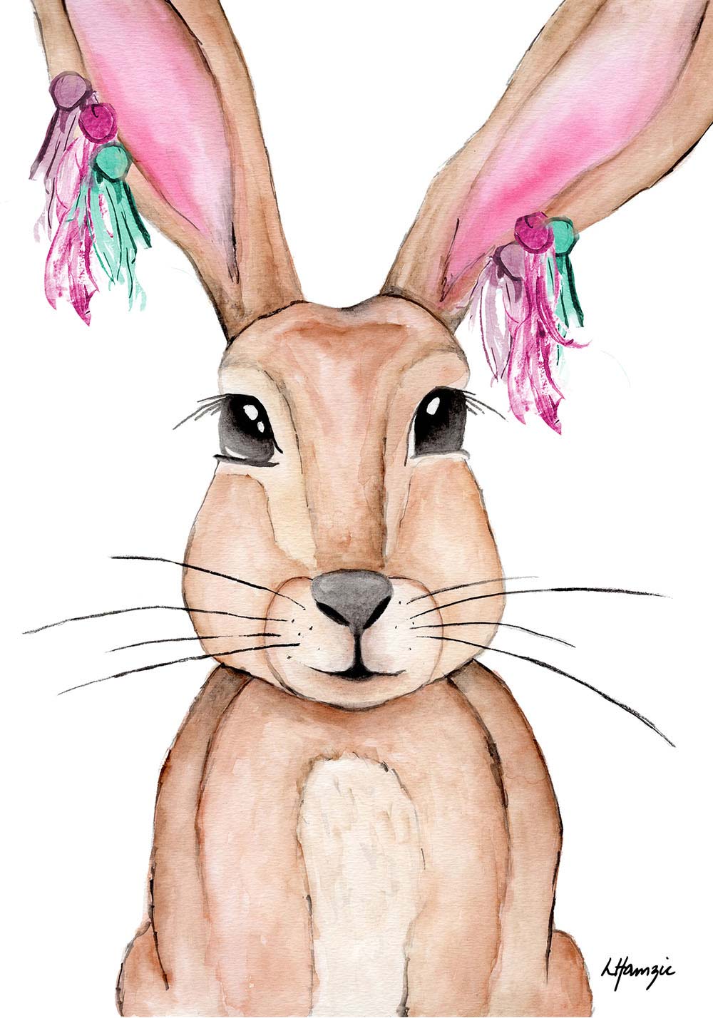 Woodland Rabbit with pink and teal tassels accessory captured in watercolour by Australian Artist Laura Hamzic