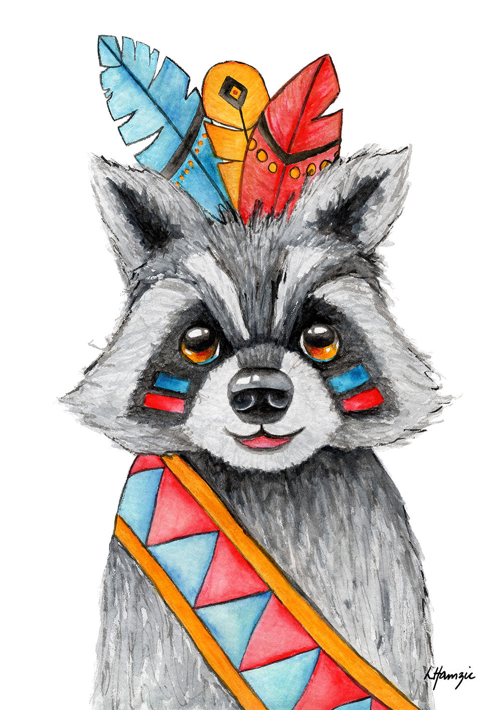 Raccoon in blue, red and yellow Indian headdress with belt and warpaint - artwork by Laura Hamzic Aussie Artist