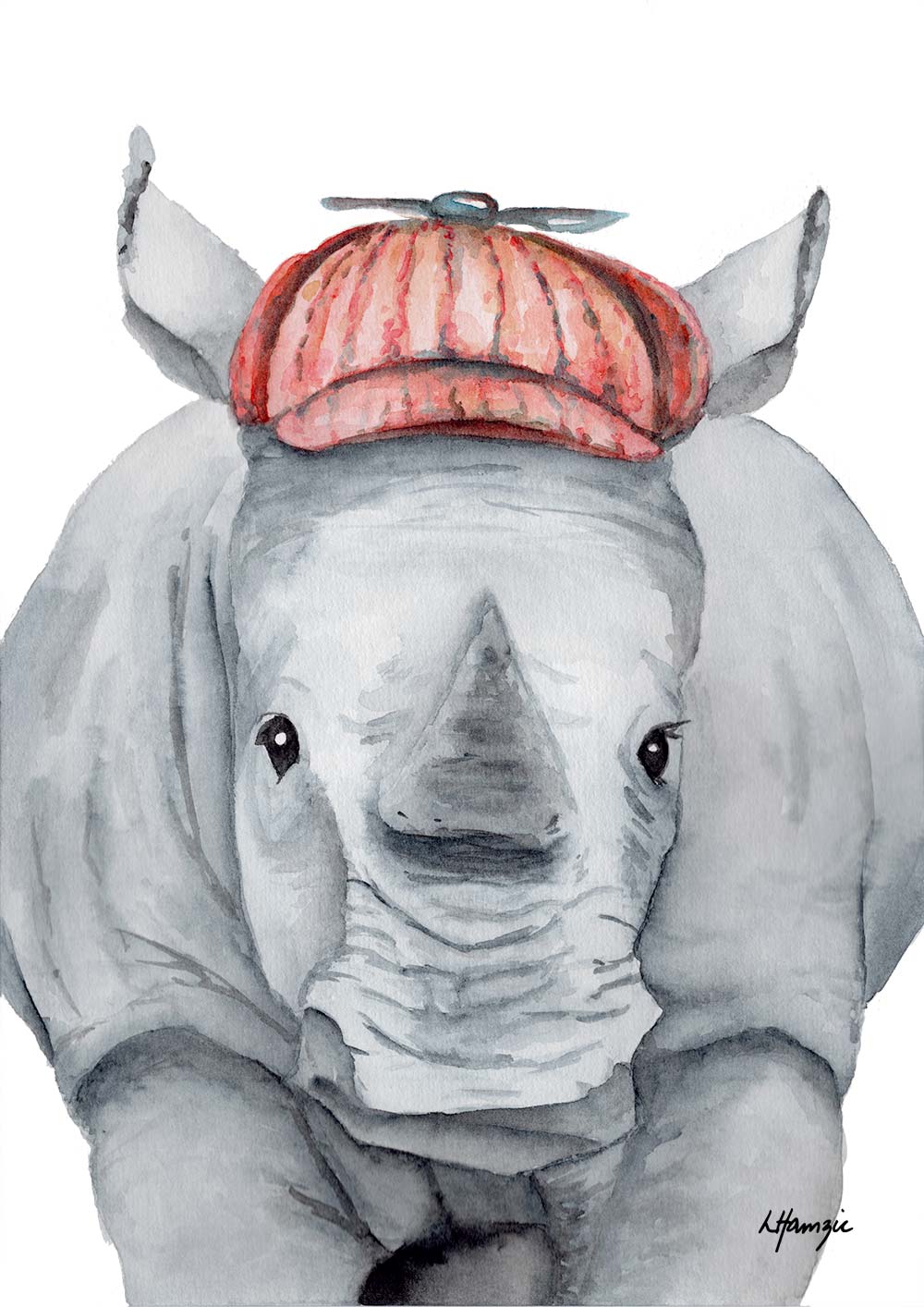 Whimsical watercolour painting of a Rhino wearing a newsboy cap - fun artwork for childs room - created by Laura Hamzic Australian Artist