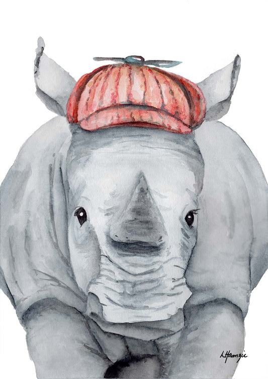 Whimsical watercolour painting of a Rhino wearing a newsboy cap - fun artwork for childs room - created by Laura Hamzic Australian Artist