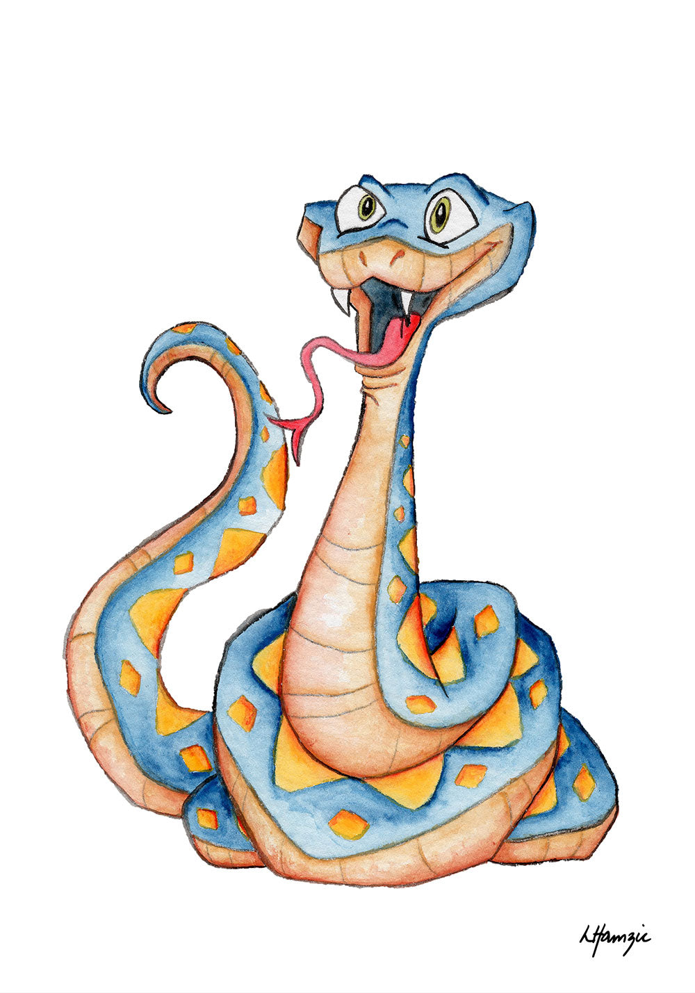 Blue and Yellow Snake with diamond pattern - painted by Aussie Artist Laura Hamzic