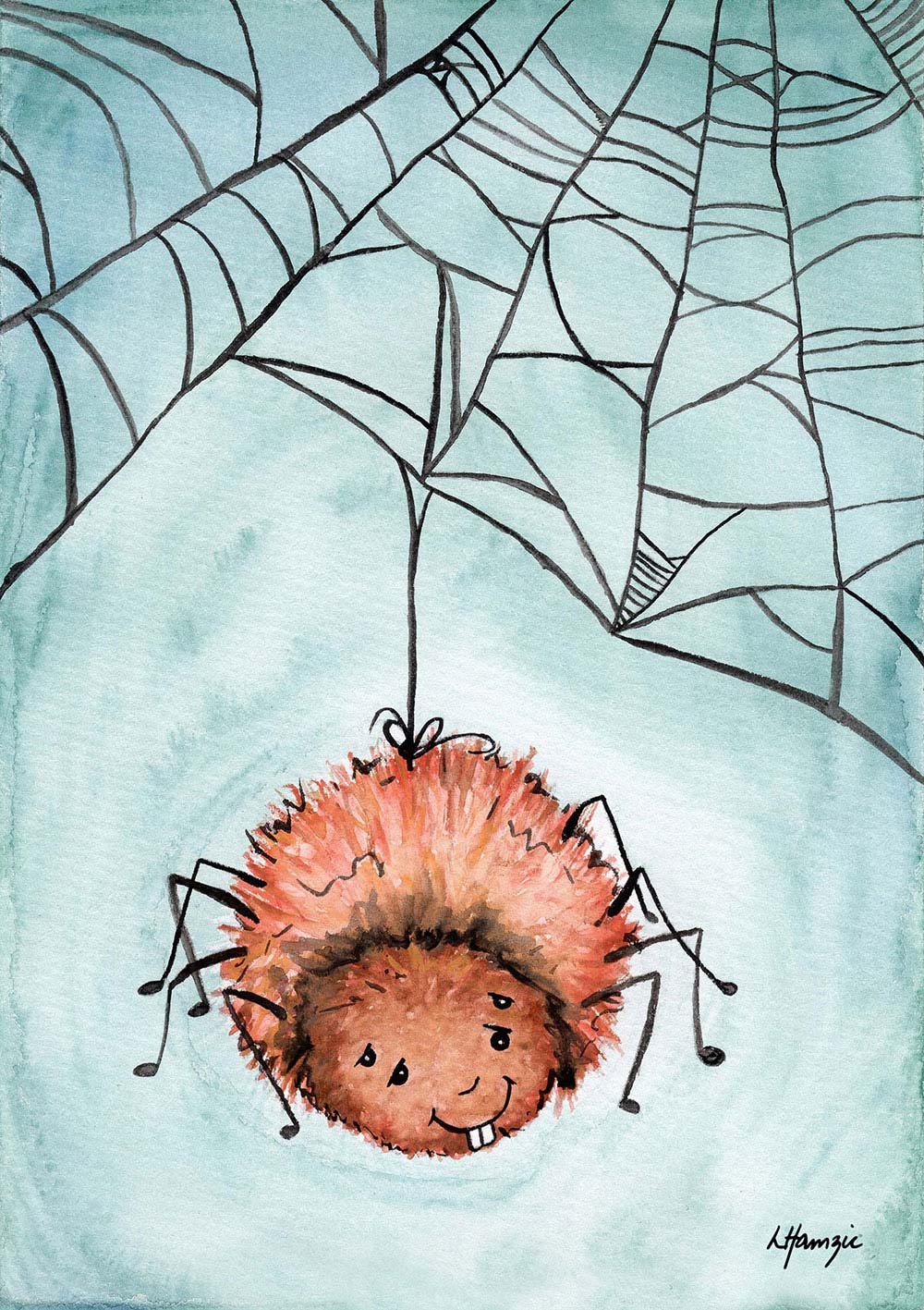 Happy spider hanging from its web art print - painted by Australian Artist Laura Hamzic