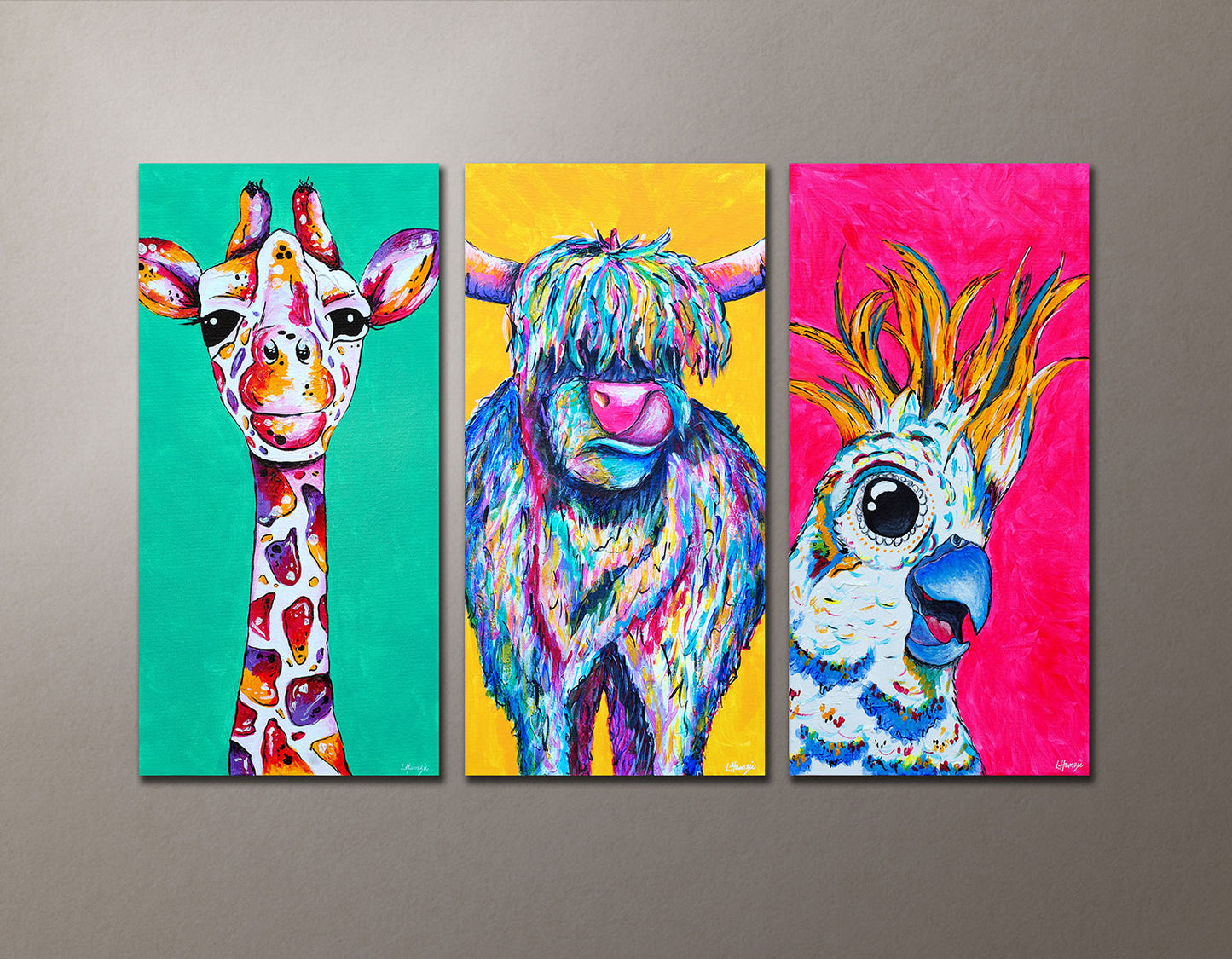 Custom commission painting by Laura Hamzic - Giraffe, Cow, Cockatoo