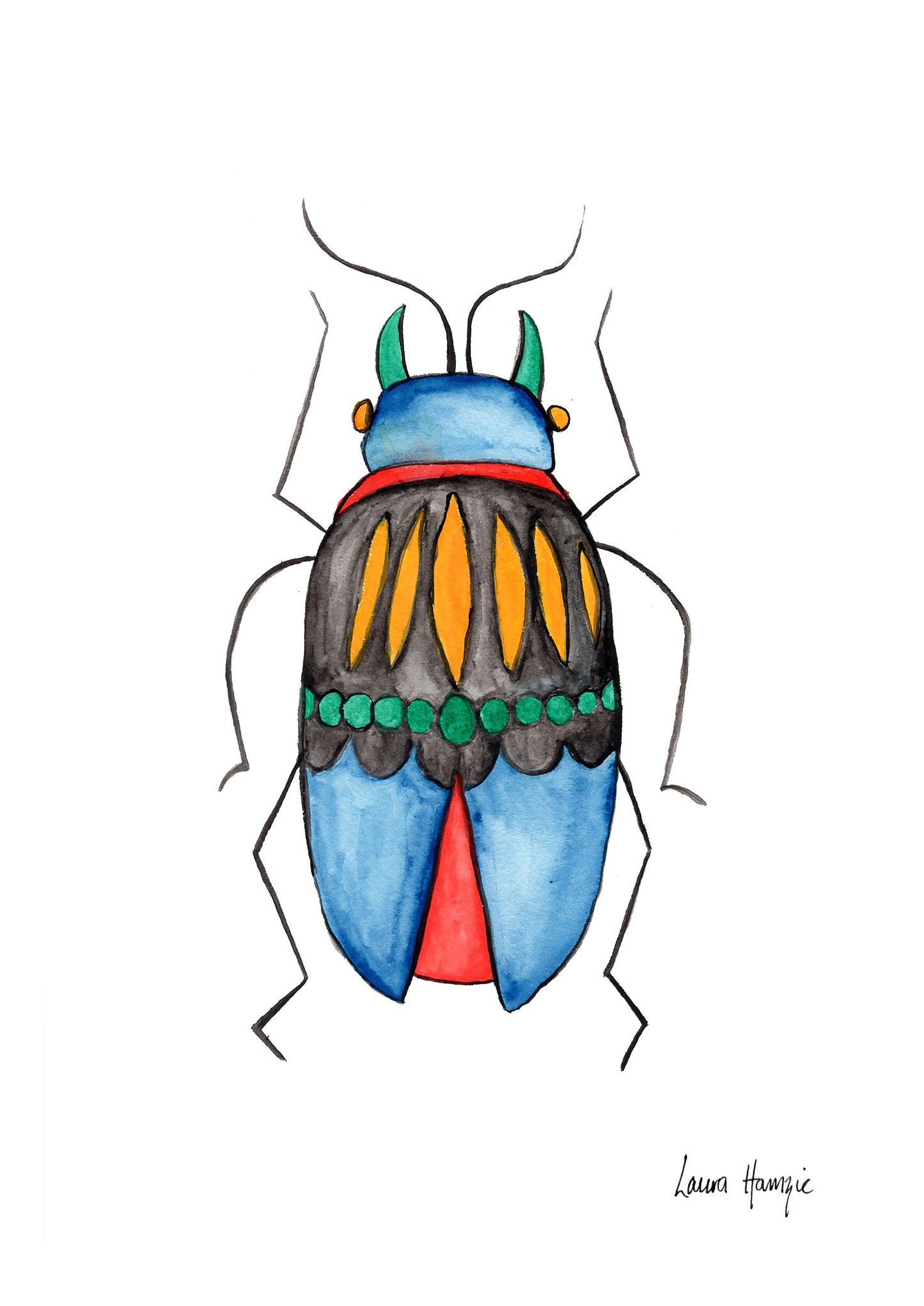 Watercolour art print of a whimsical Beetle - painted by Laura Hamzic