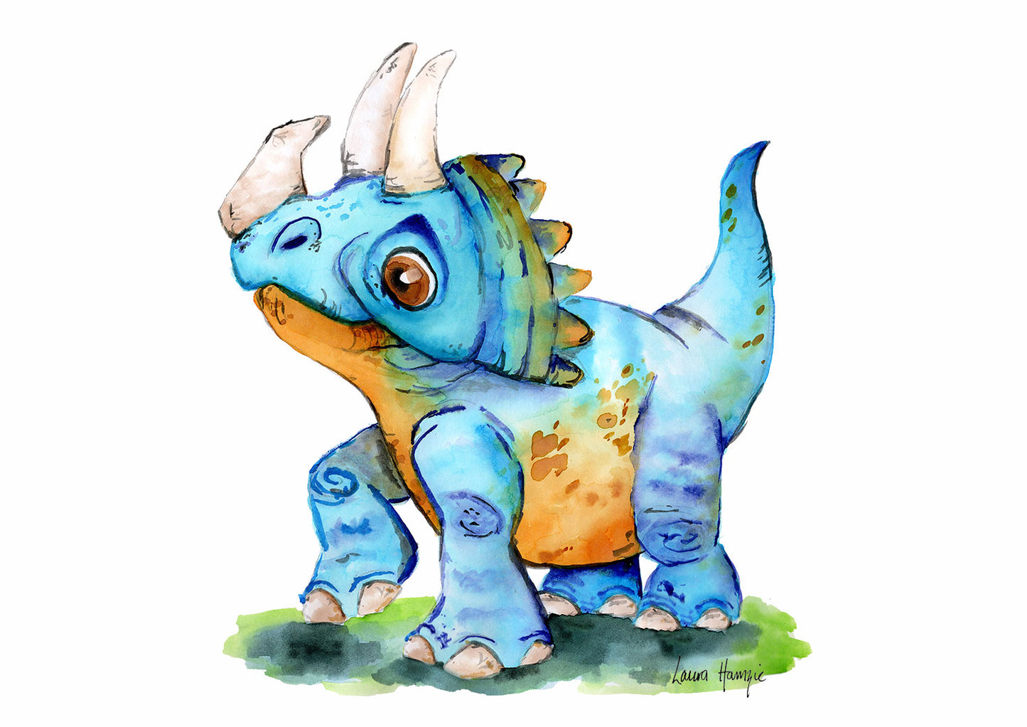 Watercolour art print of a fun vibrant Triceratops Dinosaur - painted by Laura Hamzic