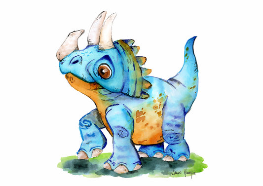 Watercolour art print of a fun vibrant Triceratops Dinosaur - painted by Laura Hamzic