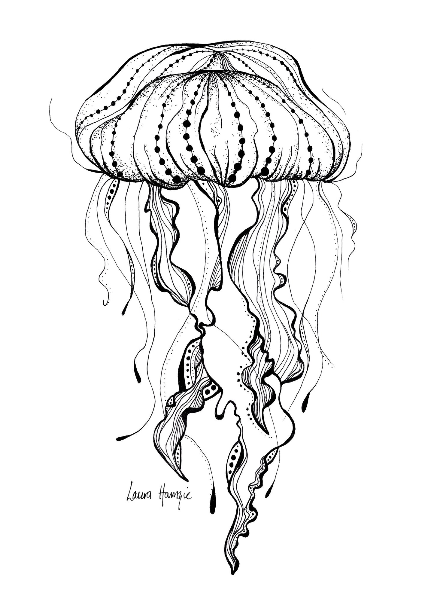 Art print of an inky line art Jellyfish - hand-drawn by Laura Hamzic