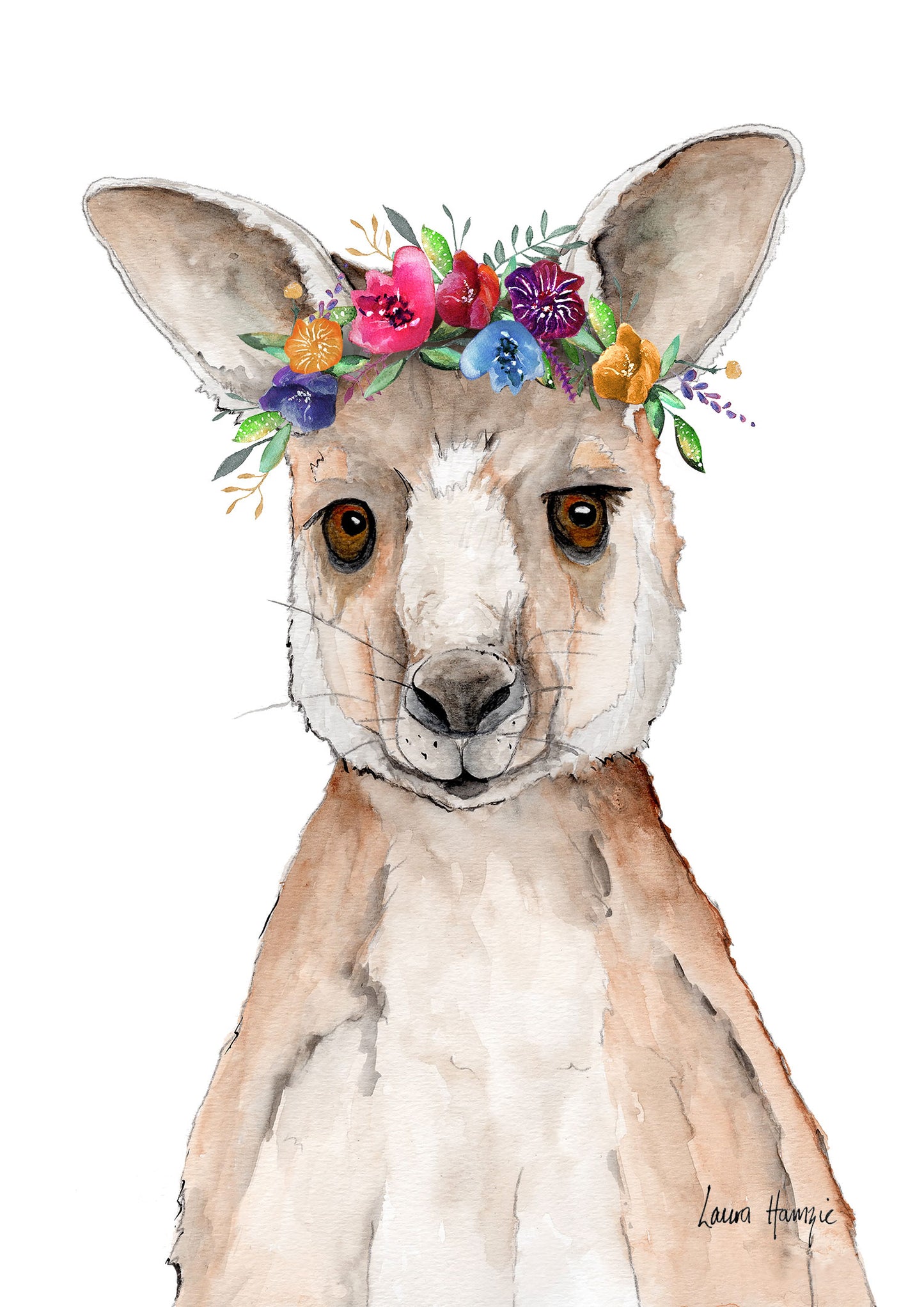 Watercolour art print of a Kangaroo with a beautiful wild flower crown - painted by Laura Hamzic