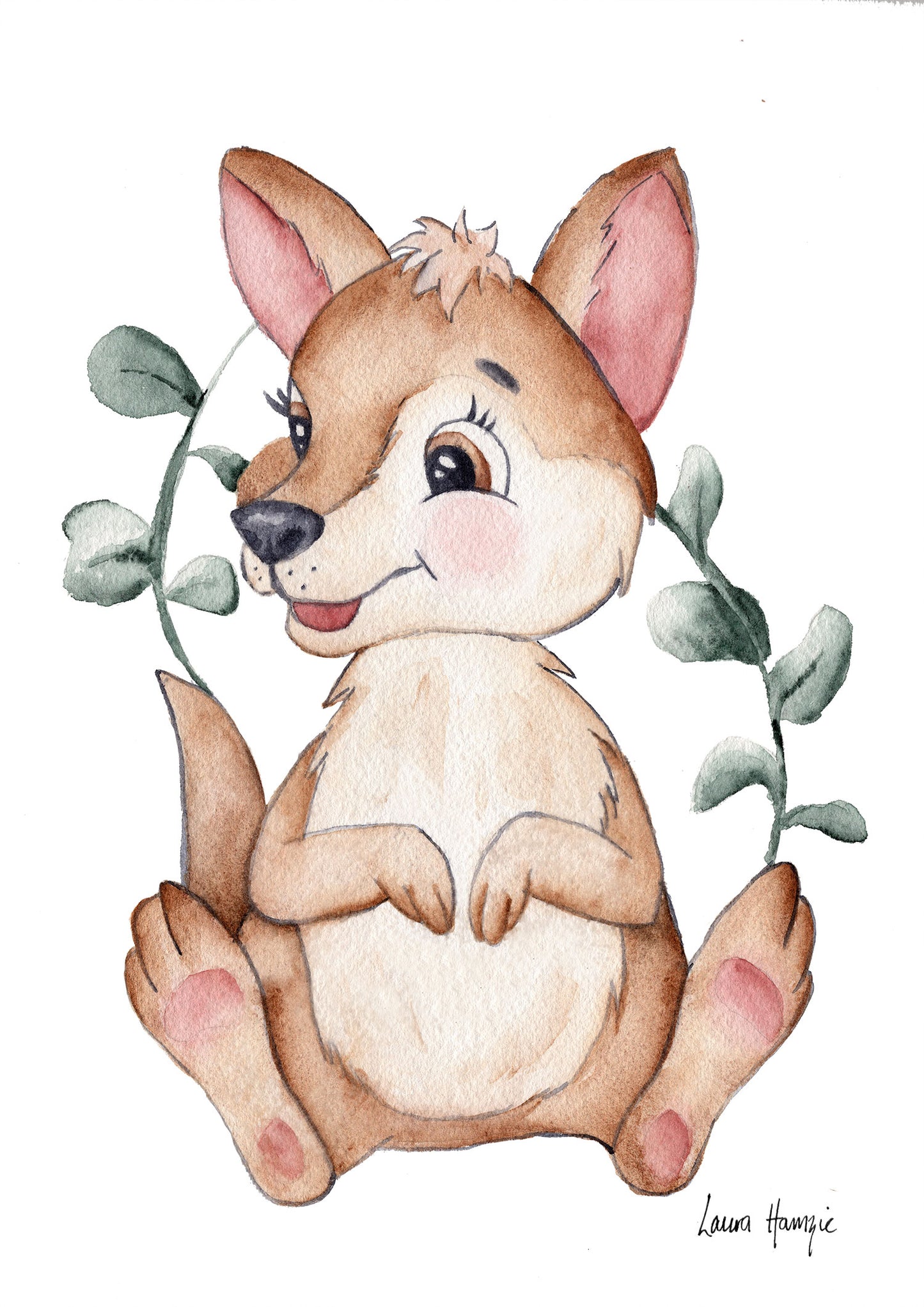 Watercolour art prints of a baby Kangaroo Joey with silver dollar eucalyptus - painted by Laura Hamzic