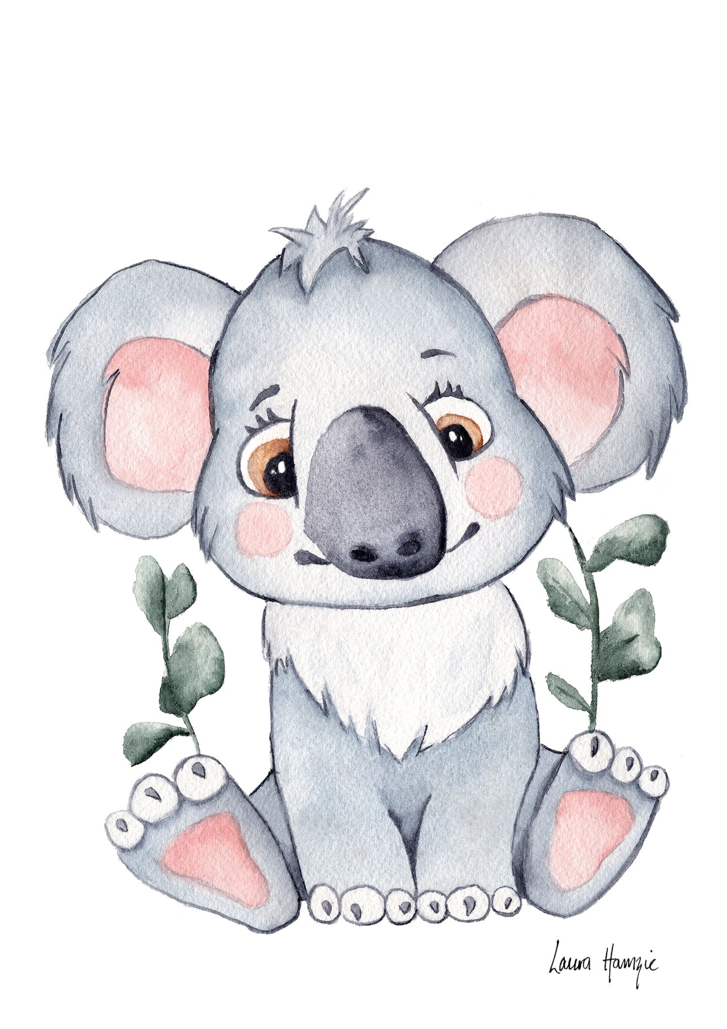 Watercolour art prints of a baby Koala Joey with silver dollar eucalyptus - painted by Laura Hamzic