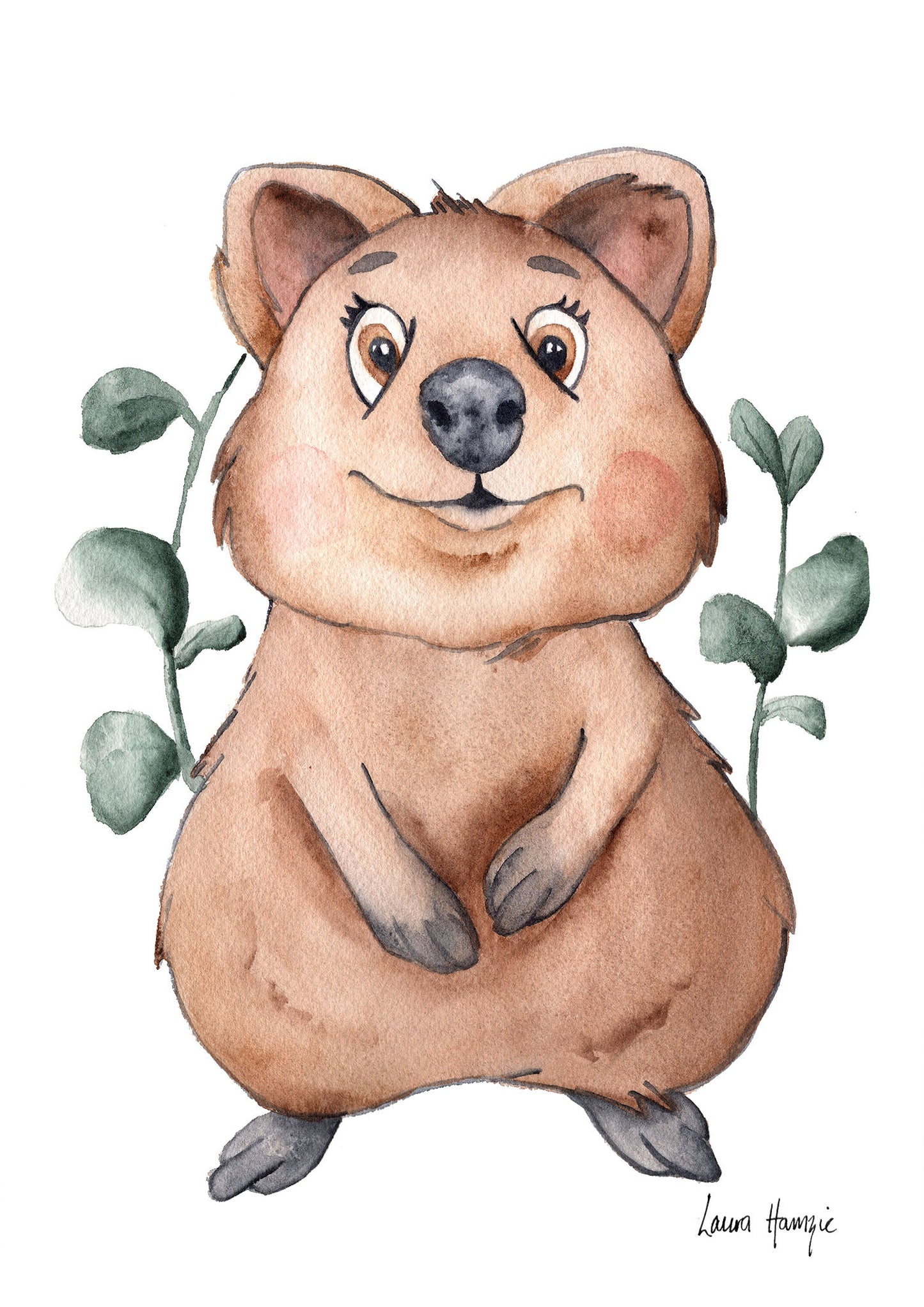 Watercolour art prints of a baby Quokka Joey with silver dollar eucalyptus - painted by Laura Hamzic