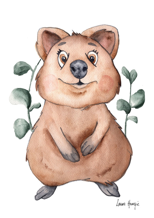 Watercolour art prints of a baby Quokka Joey with silver dollar eucalyptus - painted by Laura Hamzic