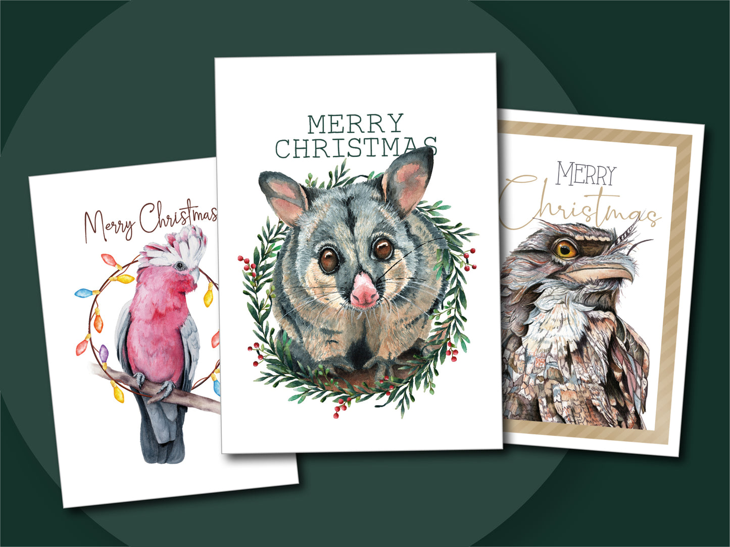 Set of Christmas cards design created from Laura Hamzic's watercolour paintings of Australian Animals