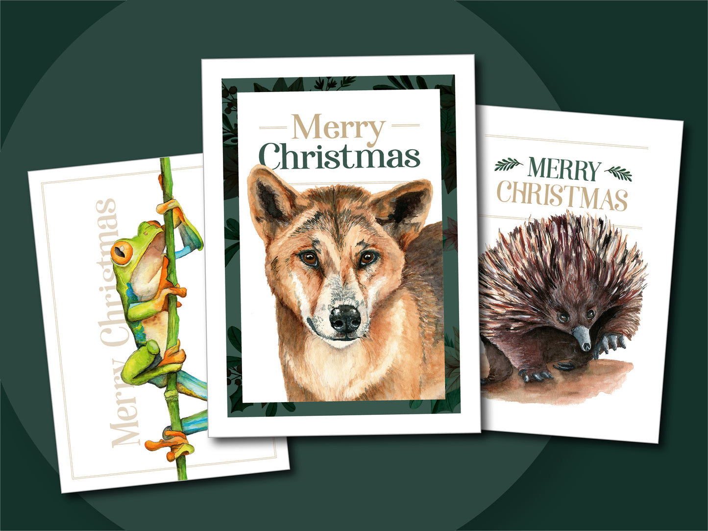Set of Christmas cards design created from Laura Hamzic's watercolour paintings of Australian Animals