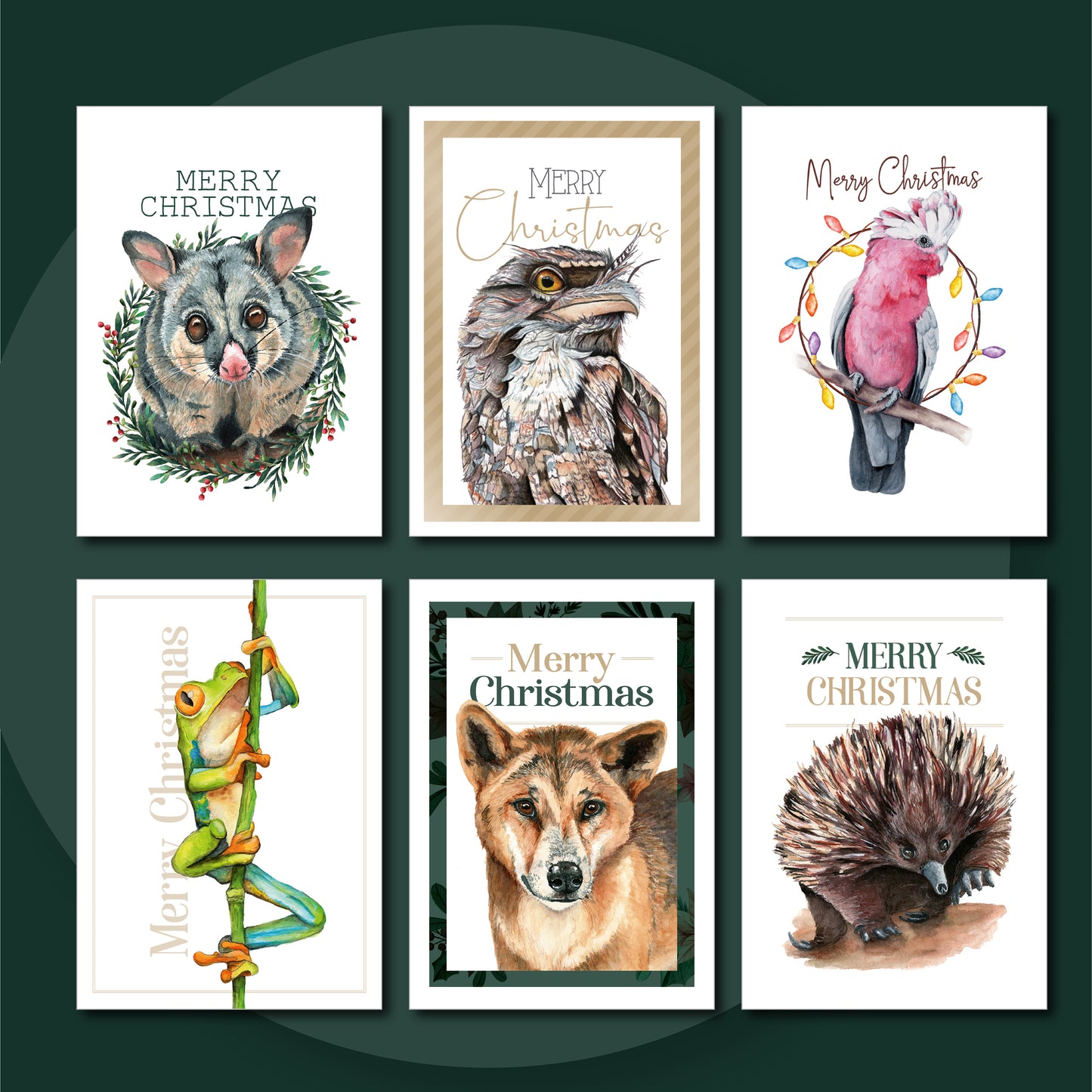 Set of Christmas cards design created from Laura Hamzic's watercolour paintings of Australian Animals