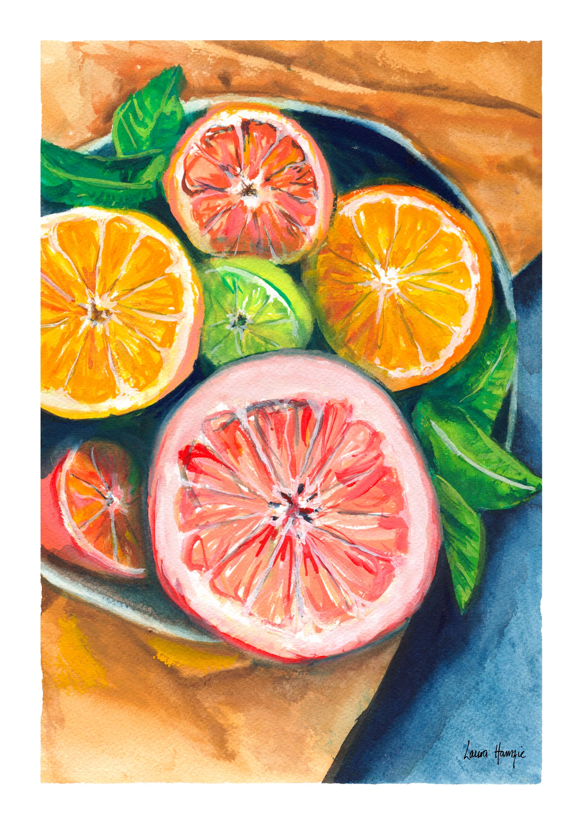Watercolour art print of a bright bowl of citrus fruits, hand-painted by Laura Hamzic.