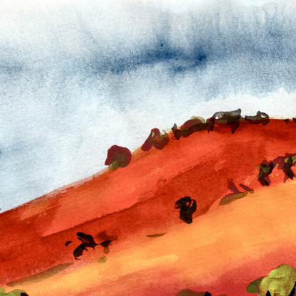 Watercolour art print of a whimsical, abstract landscape - Orange Rolling Hills, hand-painted by Laura Hamzic.