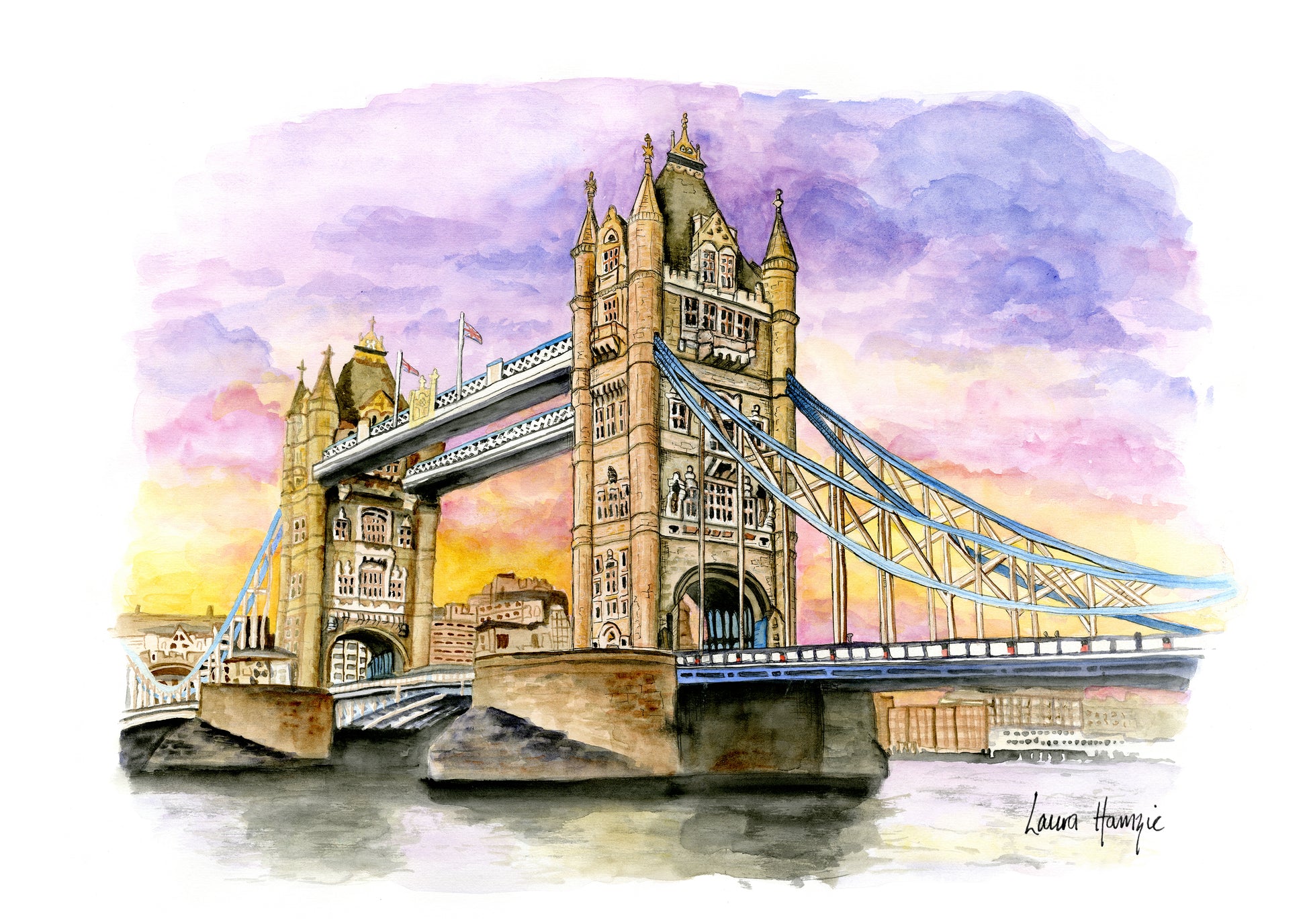 Watercolour art print of the London Tower Bridge at Sunset, hand-painted by Laura Hamzic.