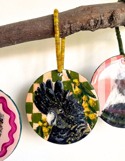 Yellowtail hand-painted yellow-tailed black cockatoo Christmas ornament on timber