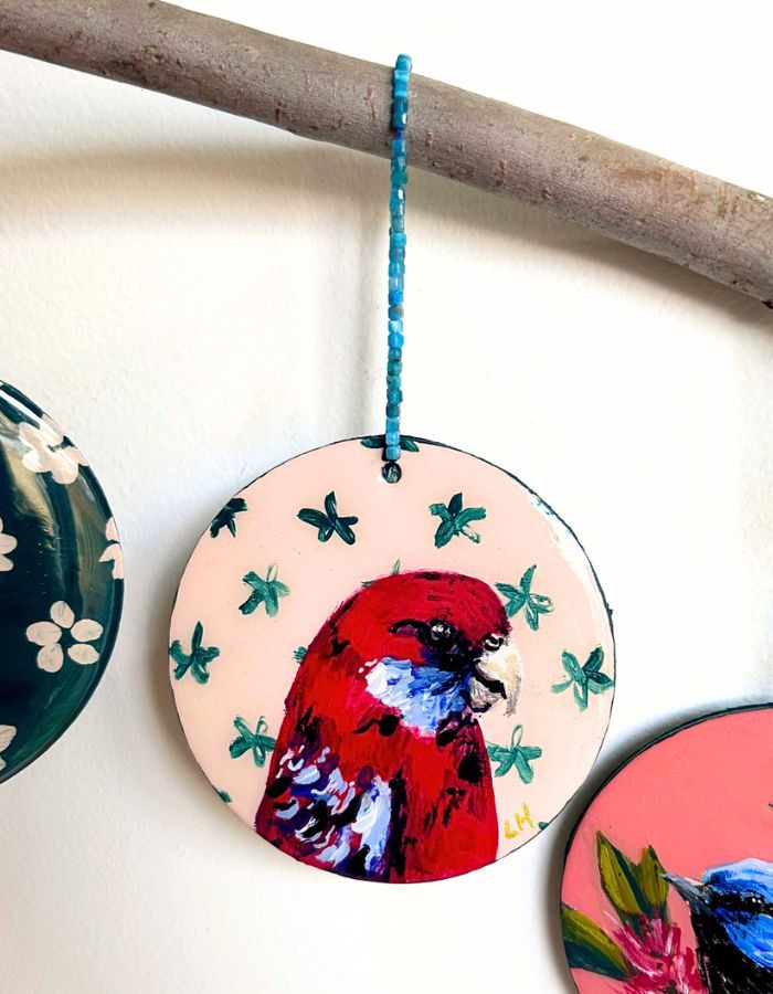 Little Red crimson rosella Christmas ornament hand-painted on timber
