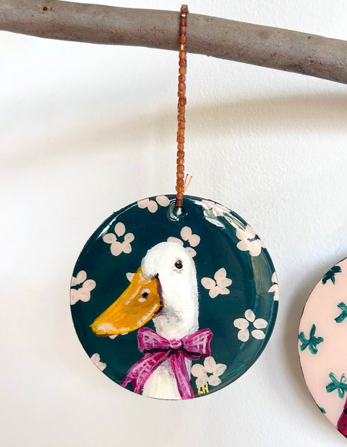Just Ducky original hand-painted duck Christmas ornament on timber