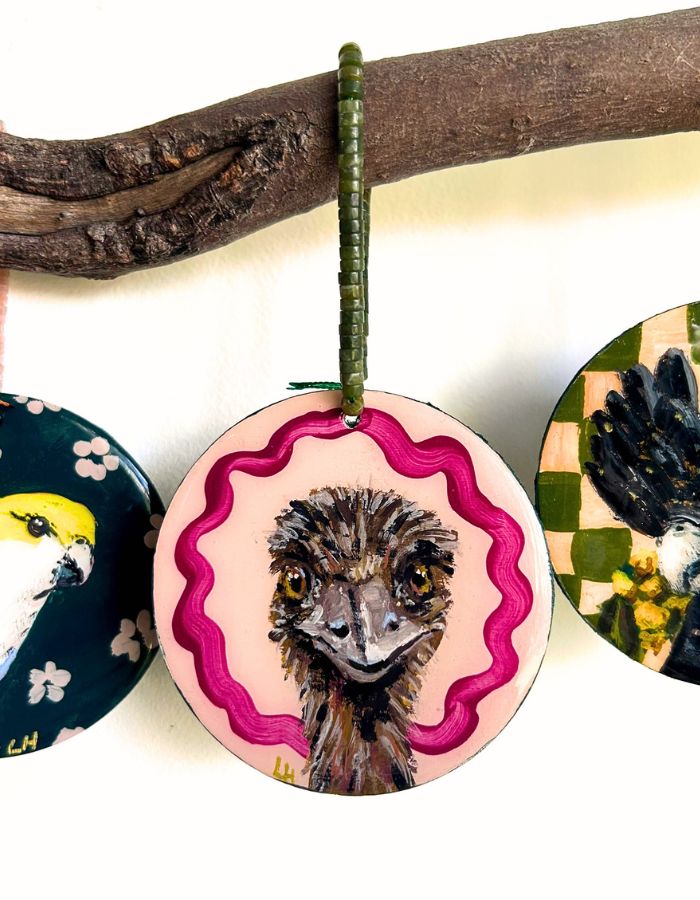 Big Bird original hand-painted Australian emu Christmas ornament on timber
