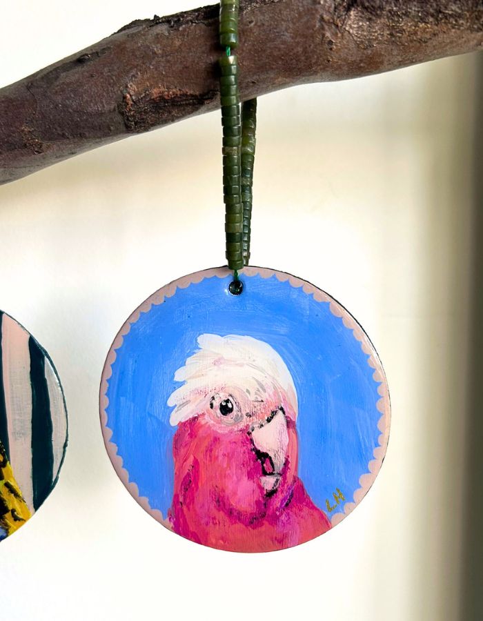 Pinkie hand-painted pink galah Christmas ornament on timber