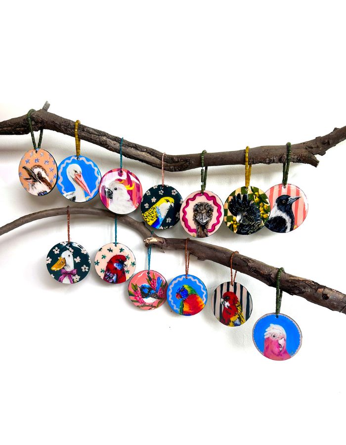 Collection of 13 original hand-painted Australian bird Christmas ornaments with colourful designs and handmade beaded hangers