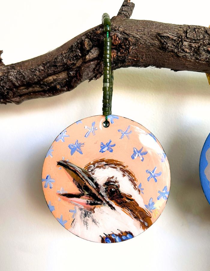 Chuckles hand-painted kookaburra Christmas ornament on timber