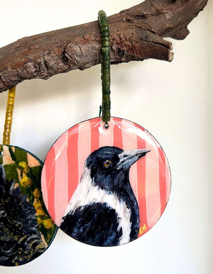 Maggie hand-painted Australian magpie Christmas ornament on timber