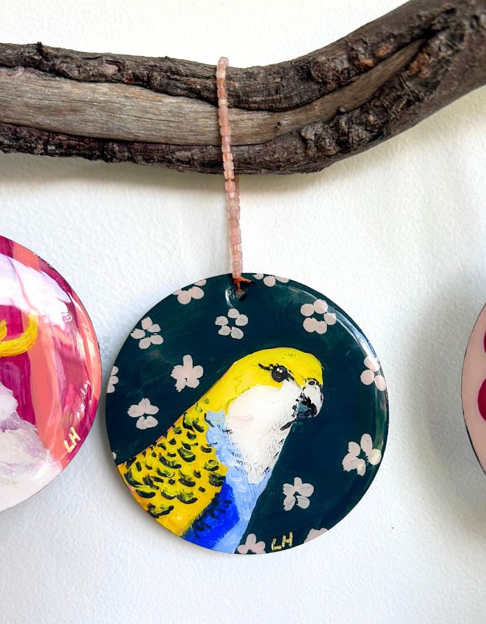 Little Yella pale-headed rosella Christmas ornament hand-painted on timber