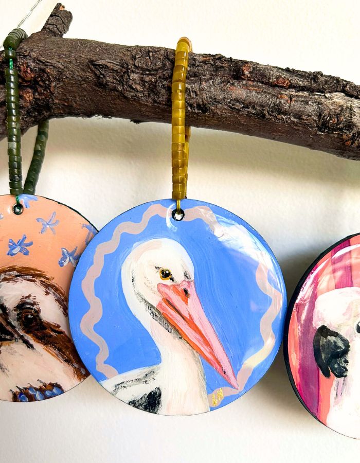 Pelican Pete hand-painted Australian pelican Christmas ornament on timber
