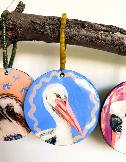 Pelican Pete hand-painted Australian pelican Christmas ornament on timber