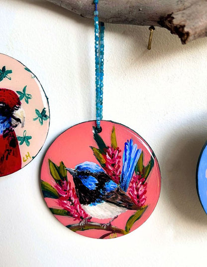 Tiny Dancer hand-painted superb fairy-wren Christmas ornament on timber