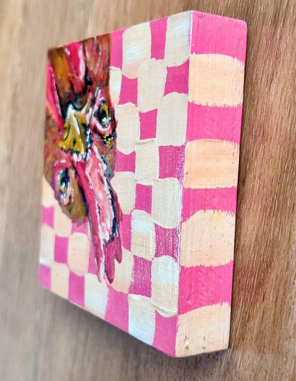 Pink and cream patterned sides of chicken timber panel