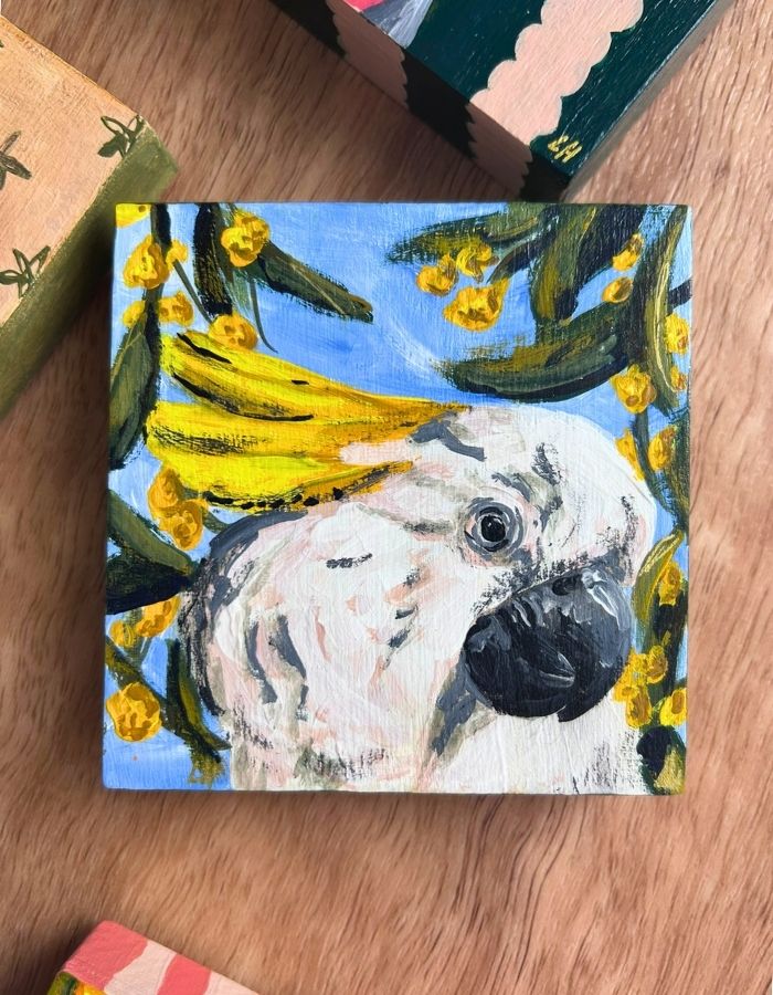 Hello Cocky original sulphur-crested cockatoo painting by Laura Hamzic