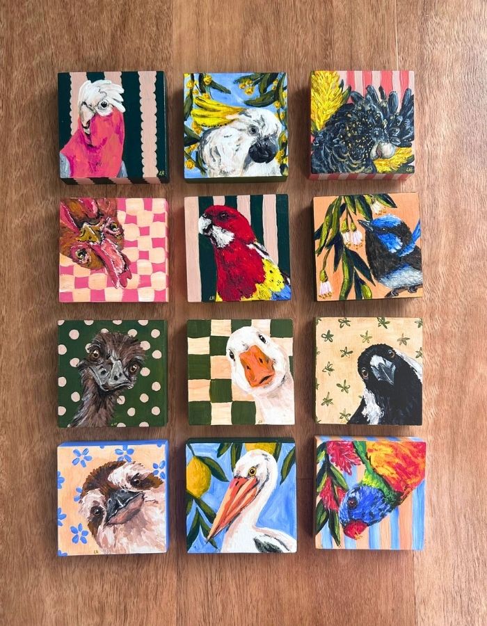 Yeah, But No Birds original mini artwork collection by Australian Artist Laura Hamzic featuring 12 Aussie Birds