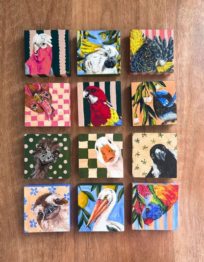Yeah, But No Birds original mini artwork collection by Australian Artist Laura Hamzic featuring 12 Aussie Birds