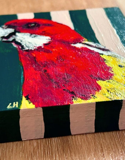Hand-painted striped edges of eastern rosella timber panel