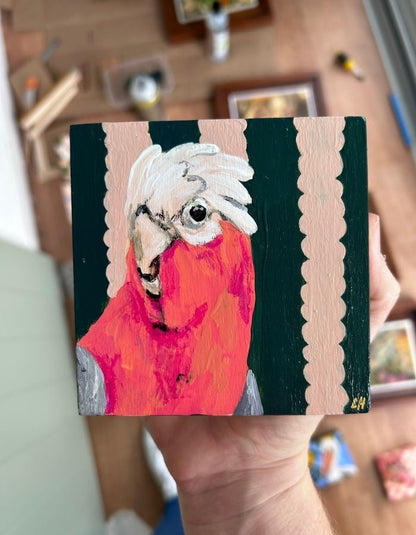 Ya Flaming Galah 10 × 10 cm original painting held in hand