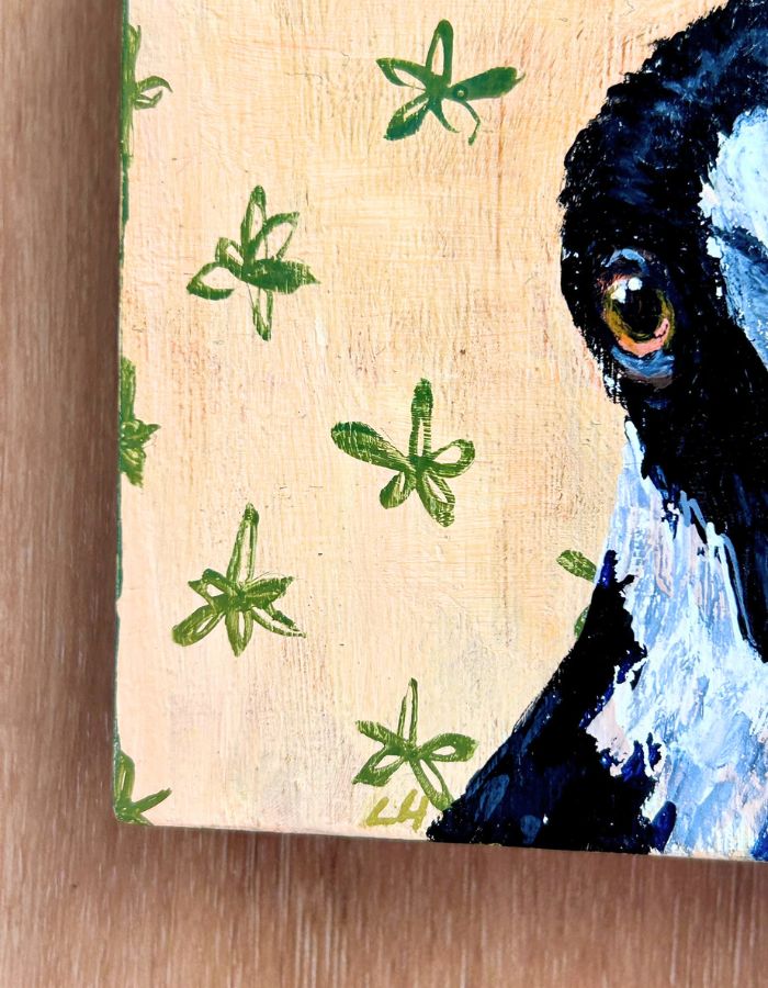 Original magpie painting on cream background with hand-painted green flowers