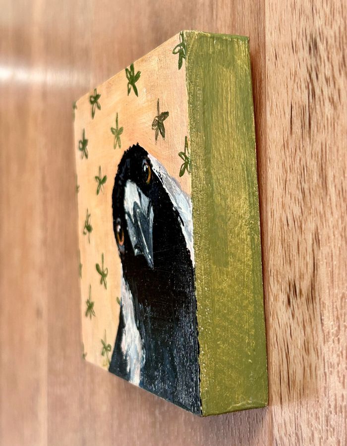 Textured acrylic brushstrokes on original Australian magpie artwork