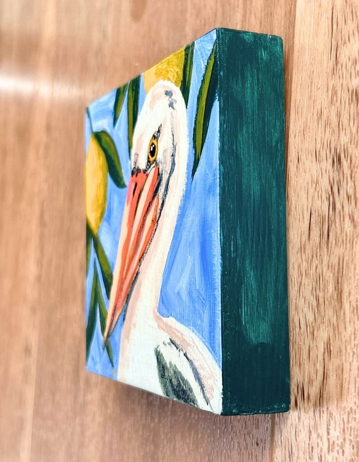 Painted edges of small original pelican timber panel