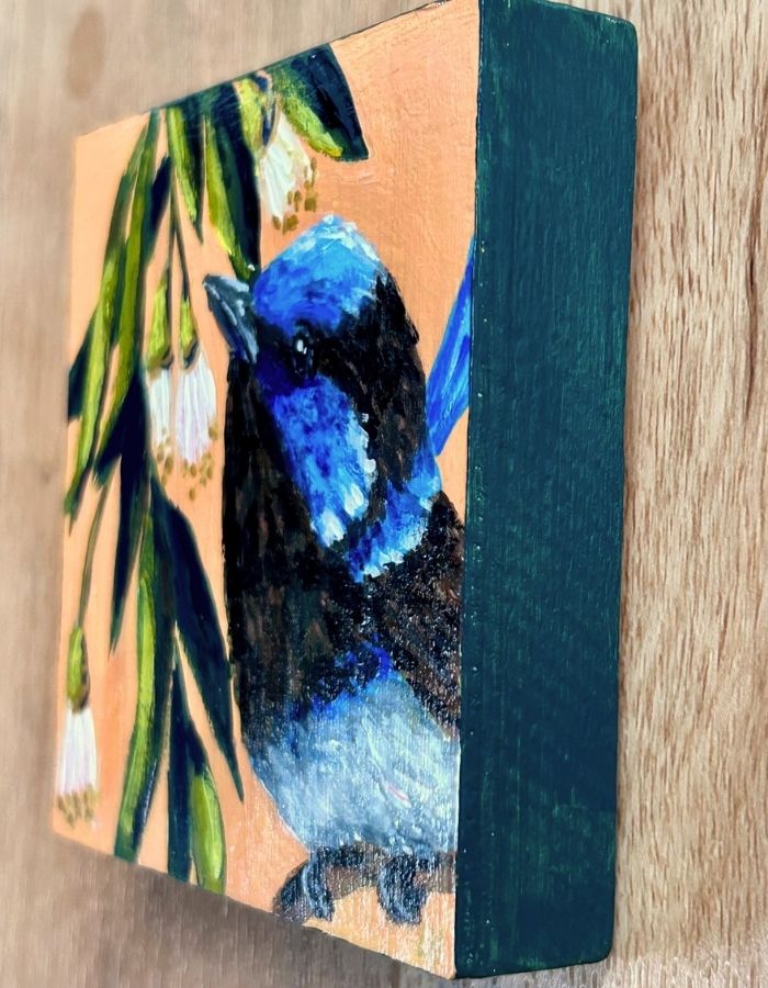 Painted edges of small square fairy-wren timber panel